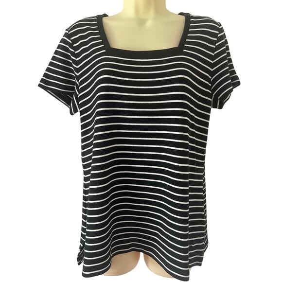 Isaac Mizrahi Live Black White Striped Knit Top Woman Size Medium Square Neck - Picture 1 of 8